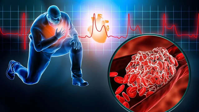 Persoană cu obezitate care prezintă durere toracică pe fundal cu traseu EKG, simbolizând riscul crescut de infarct