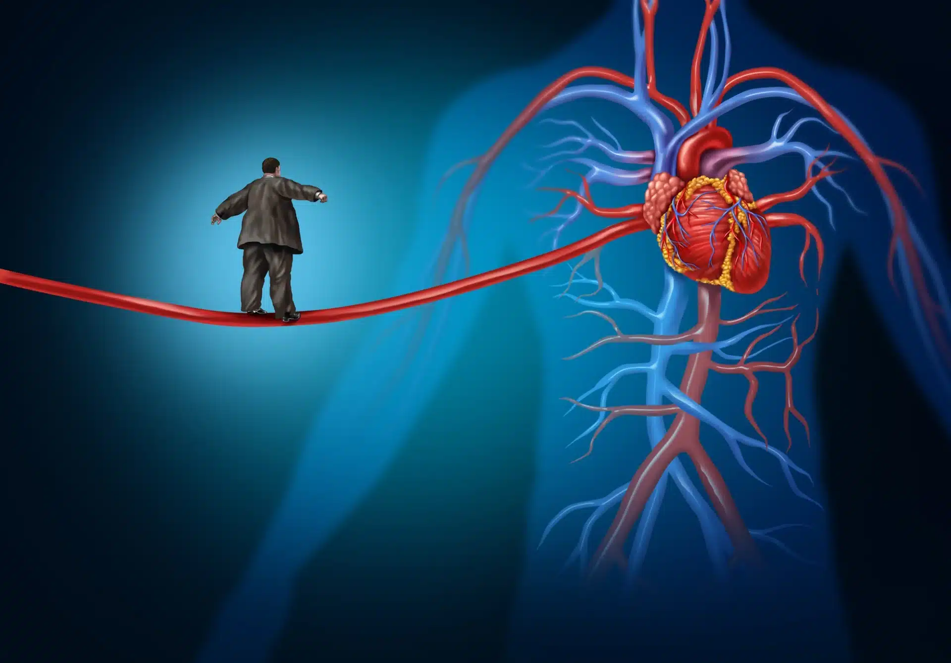 Obezitatea și bolile cardiace Persoană supraponderală mergând pe o arteră care duce la inimă