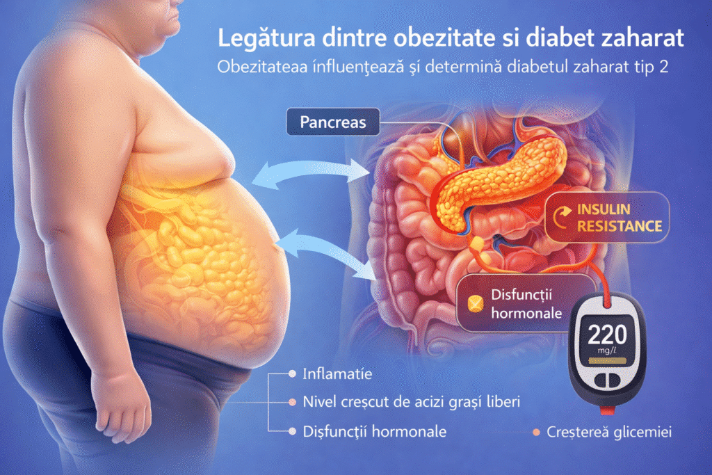 Legătura dintre obezitate și diabet zaharat tip 2, ilustrată prin mecanismele de rezistență la insulină, disfuncțiile hormonale și creșterea glicemiei