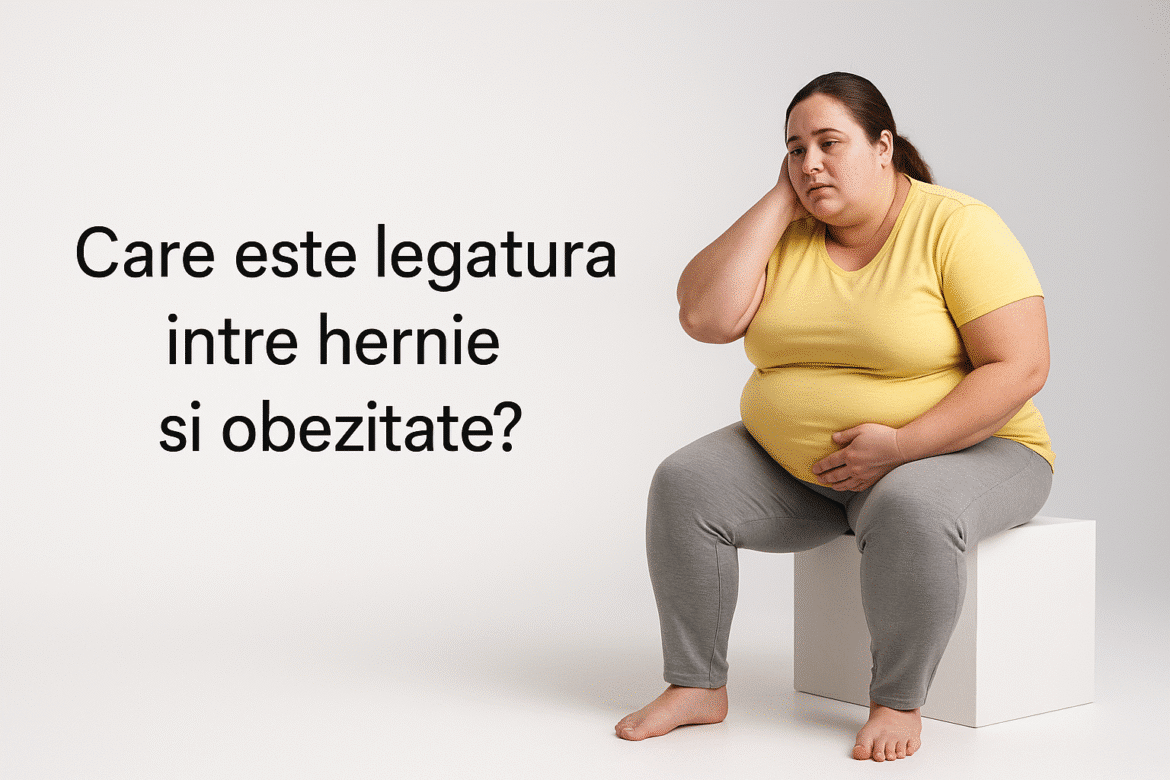 Femeie supraponderală stând pe un cub, cu una dintre mâini pe abdomen, lângă textul „Care este legatura intre hernie si obezitate?