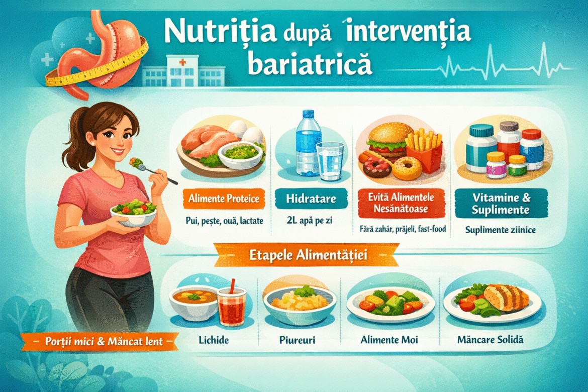 Nutriția după intervenția bariatrică, cu accent pe proteine, hidratare, vitamine și etapele alimentației postoperatorii