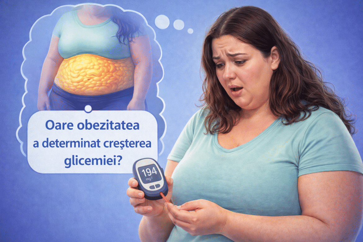 Femeie supraponderală surprinsă de valoarea crescută a glicemiei, măsurată la 194 mg/dl, ridicând întrebarea legăturii dintre obezitate și diabet