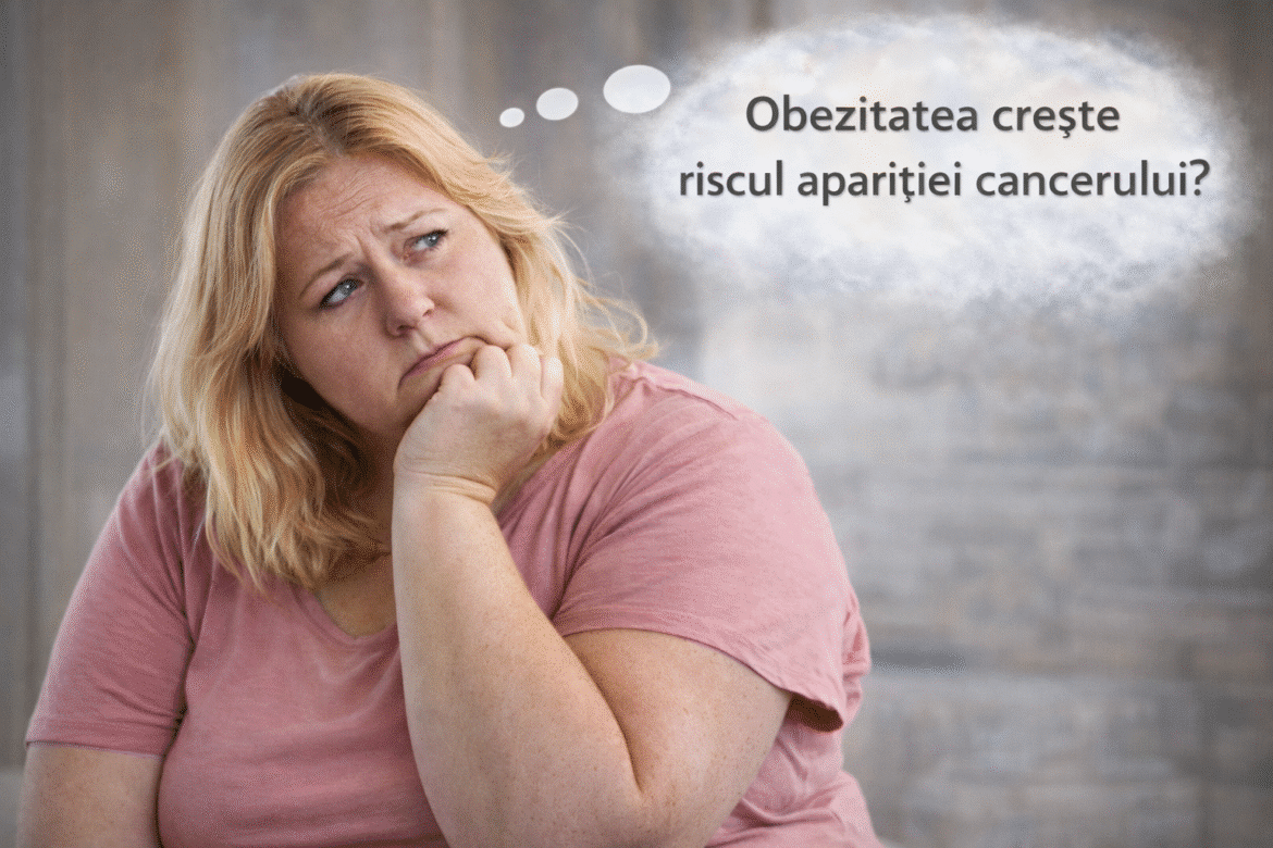 Persoană obeză de sex feminin, îngrijorată, care se întreabă dacă obezitatea crește riscul apariției cancerului