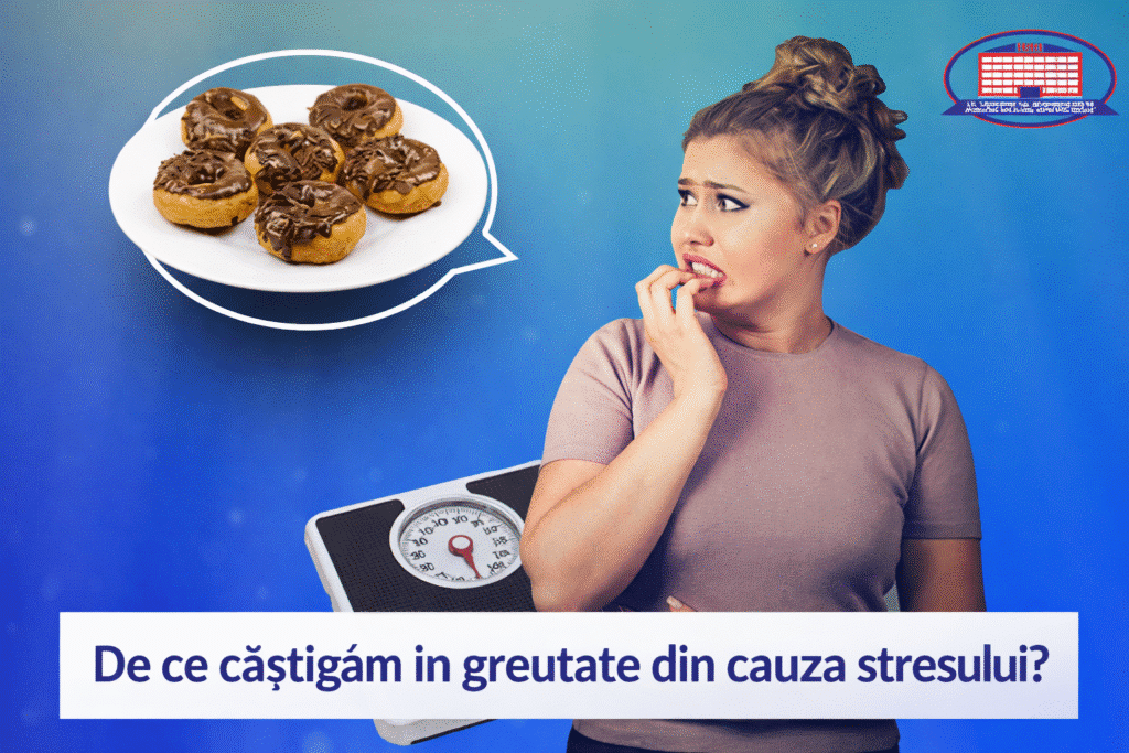 Femeie stresată care se gândește la alimente dulci, ilustrând legătura dintre stres, mâncatul emoțional și creșterea în greutate