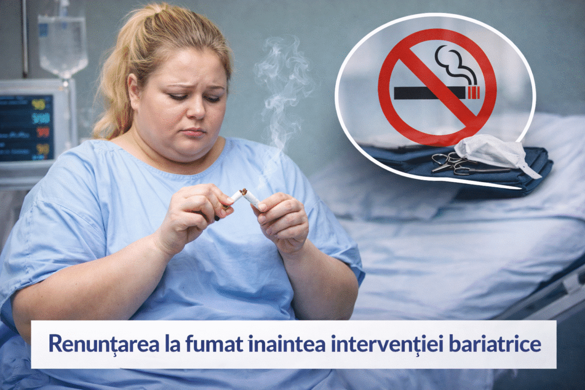 Femeie obeză care rupe o țigară într-un salon medical, ilustrând importanța renunțării la fumat înaintea intervenției bariatrice