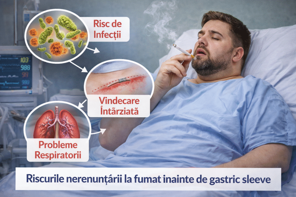 Pacient obez care fumează înainte de gastric sleeve, cu ilustrarea riscurilor: infecții, vindecare întârziată și probleme respiratorii