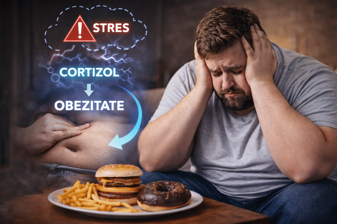 Legătura dintre stres, cortizol și obezitate ilustrată printr-un bărbat supraponderal afectat de stres și alimentație nesănătoasă
