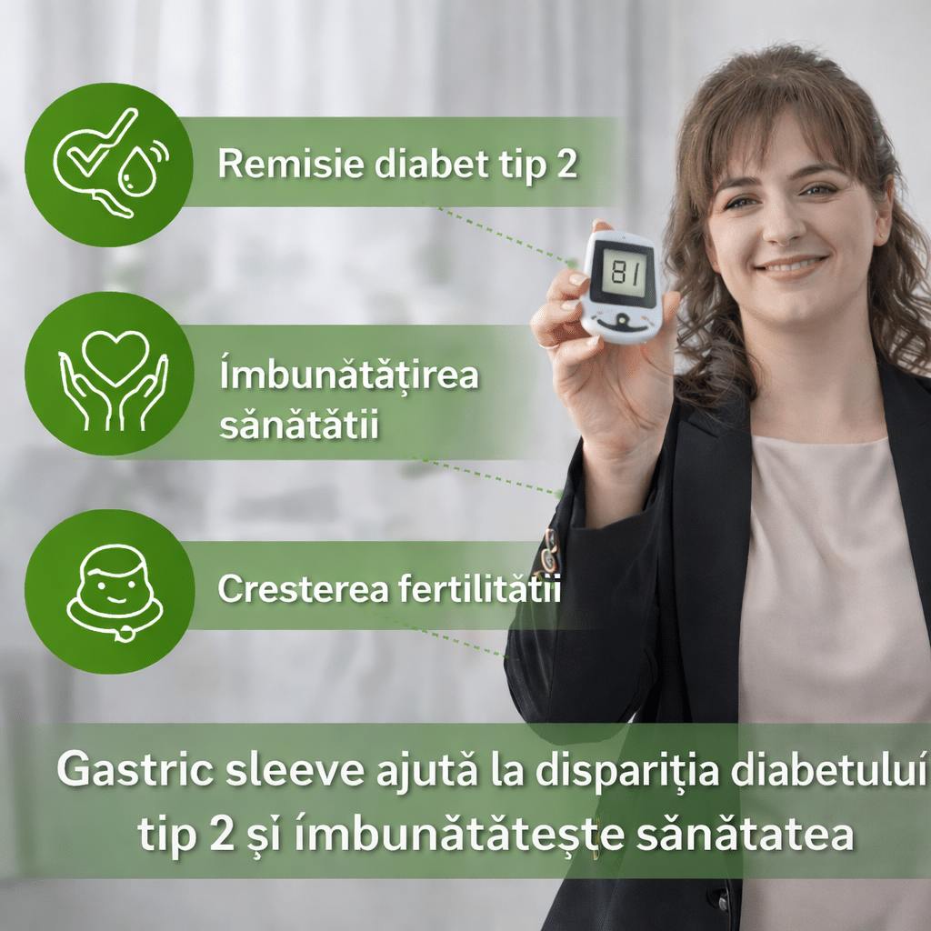 Femeie după gastric sleeve, cu valori normale ale glicemiei, sugerând remisia diabetului de tip 2 și îmbunătățirea stării de sănătate