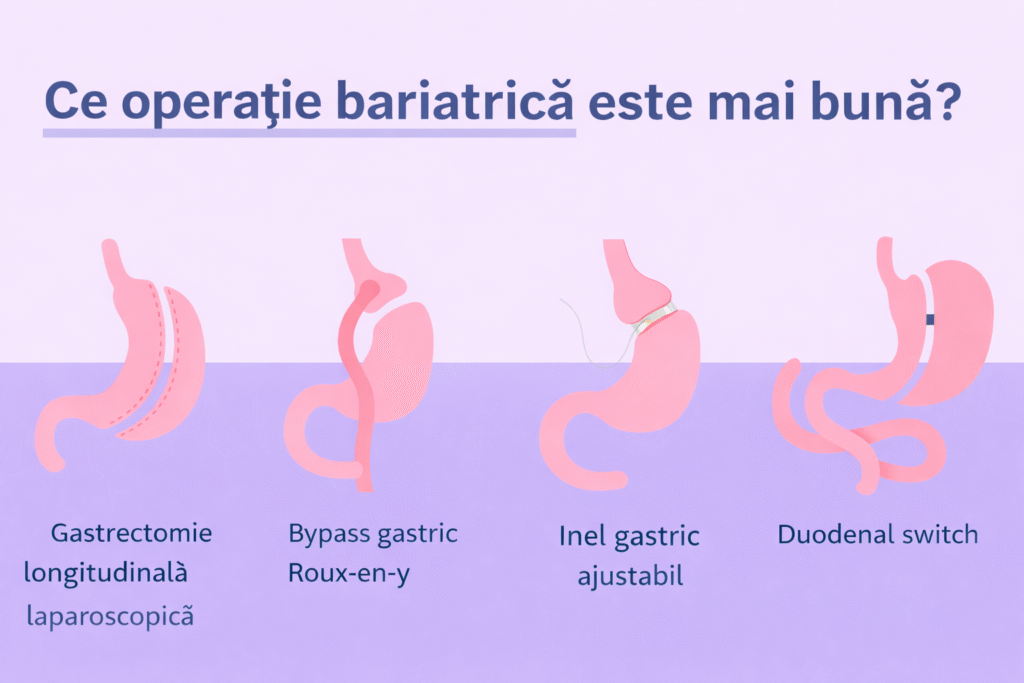 Comparație între principalele tipuri de operații bariatrice: gastrectomie longitudinală laparoscopică, bypass gastric Roux-en-Y, inel gastric ajustabil și duodenal switch