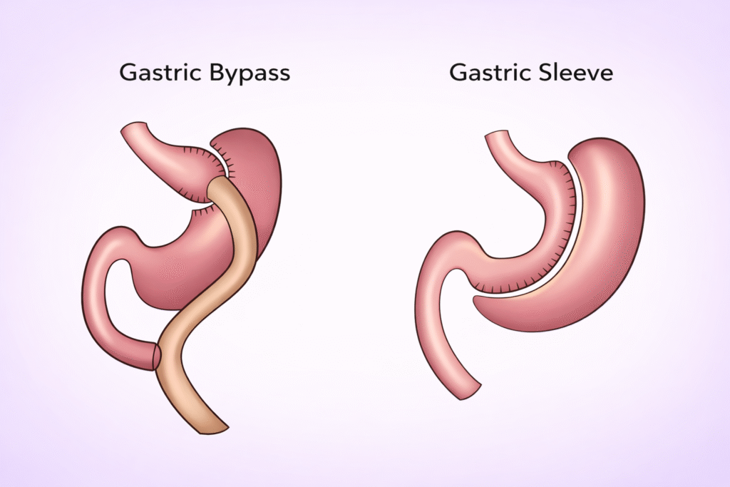 Comparație ilustrată între gastric bypass și gastric sleeve, reprezentare schematică a tehnicilor de chirurgie bariatrică