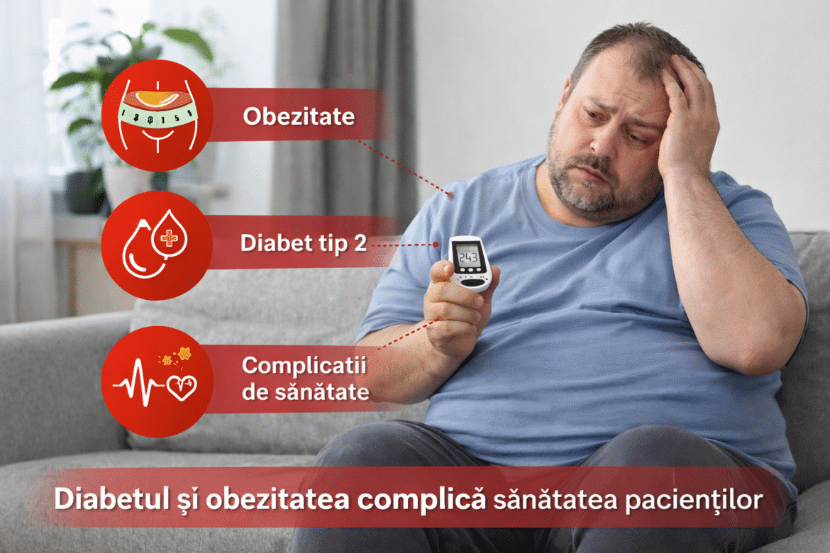 Bărbat cu obezitate și diabet de tip 2, evidențiind complicațiile metabolice și impactul negativ asupra sănătății