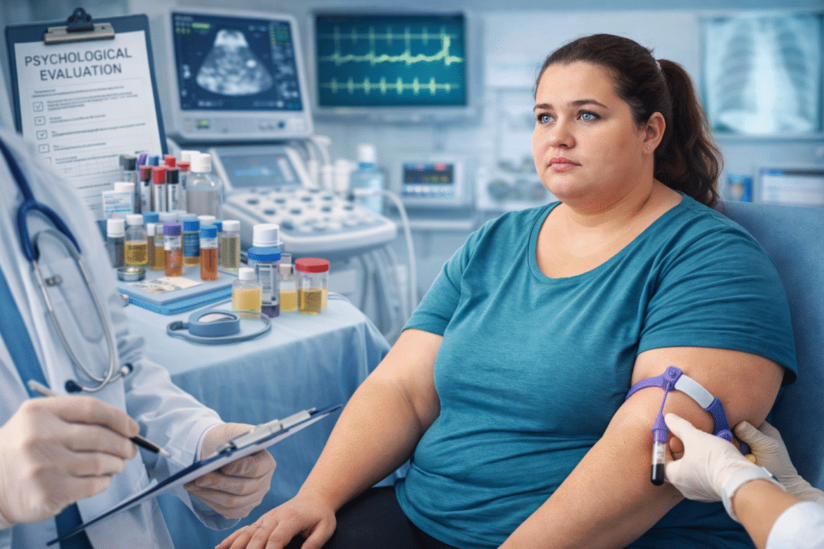 Evaluare preoperatorie la pacientă cu obezitate înainte de operația de gastric sleeve, cu analize de sânge și investigații medicale