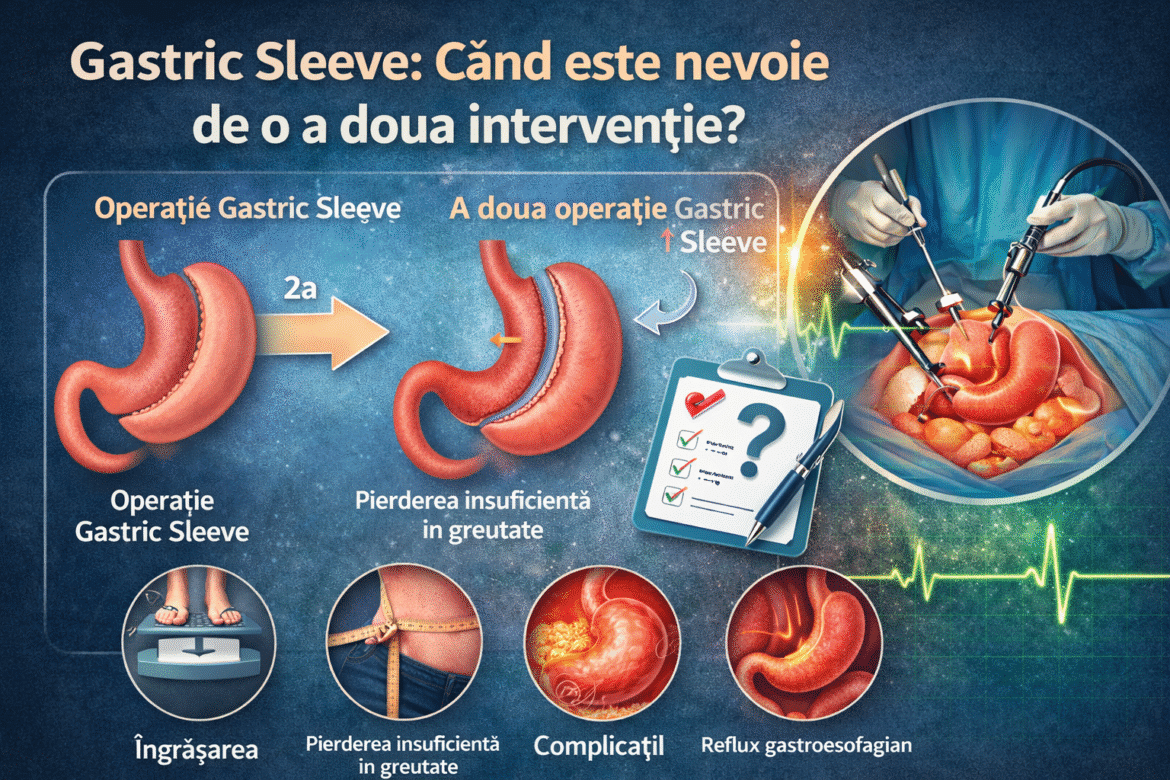 Ilustrație medicală care explică situațiile în care poate fi necesară o a doua operație de gastric sleeve, inclusiv pierderea insuficientă în greutate, îngrășarea, complicațiile și refluxul gastroesofagian