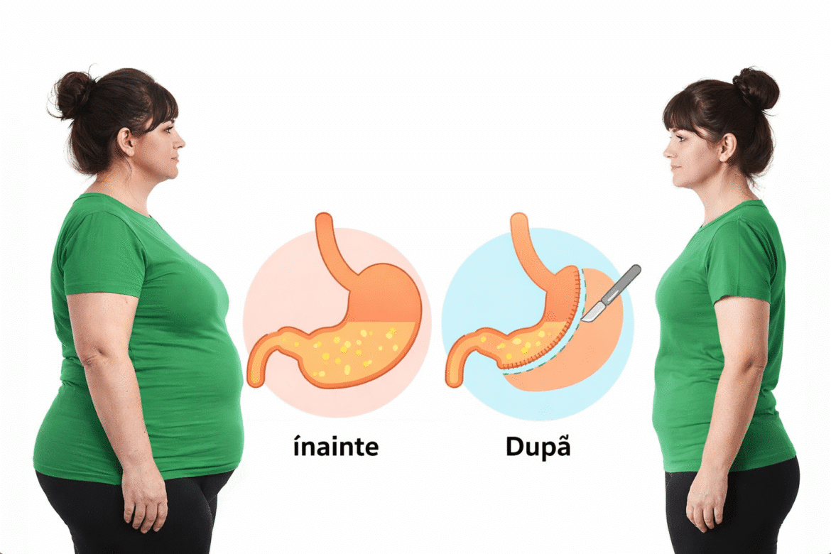 Ilustrație înainte și după chirurgia bariatrică prin gastric sleeve, reprezentare schematică a rezultatelor micșorării stomacului
