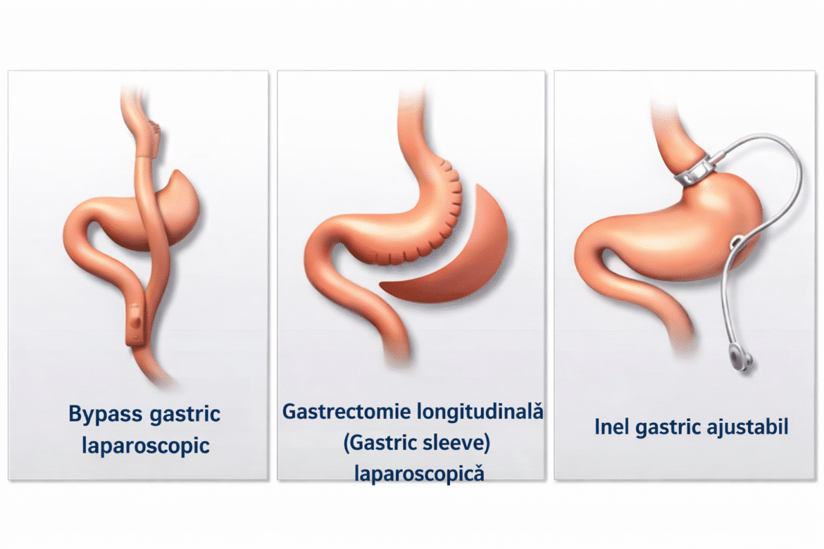 Comparație între tipurile de operații bariatrice: bypass gastric laparoscopic, gastrectomie longitudinală (gastric sleeve) și inel gastric ajustabil