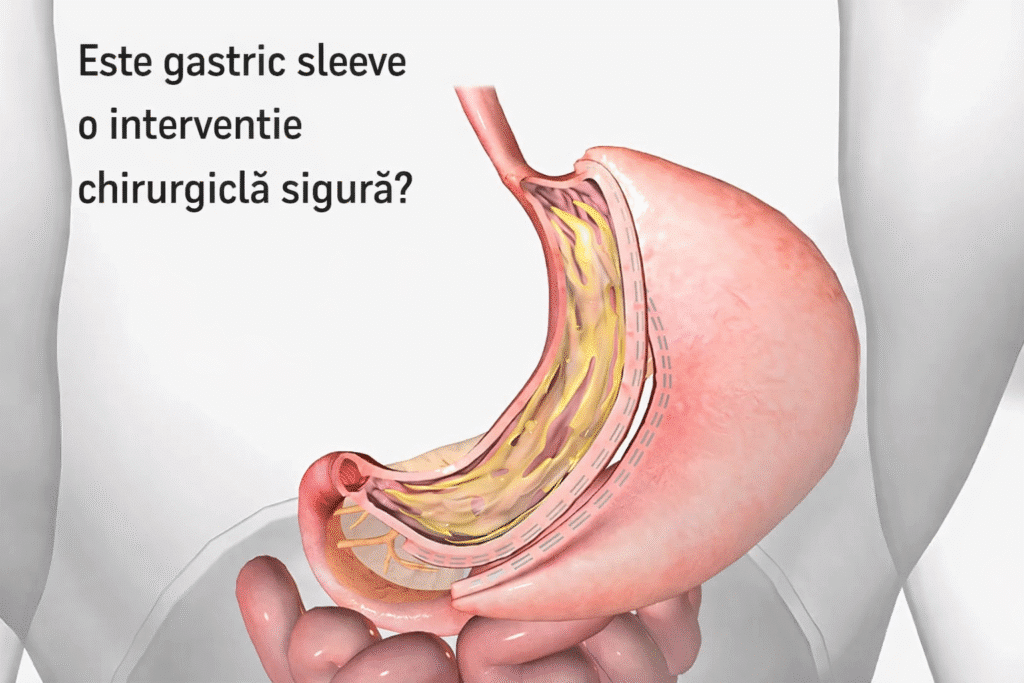 Ilustrație medicală a stomacului după operația de gastric sleeve, evidențiind tehnica chirurgicală și zona de rezecție