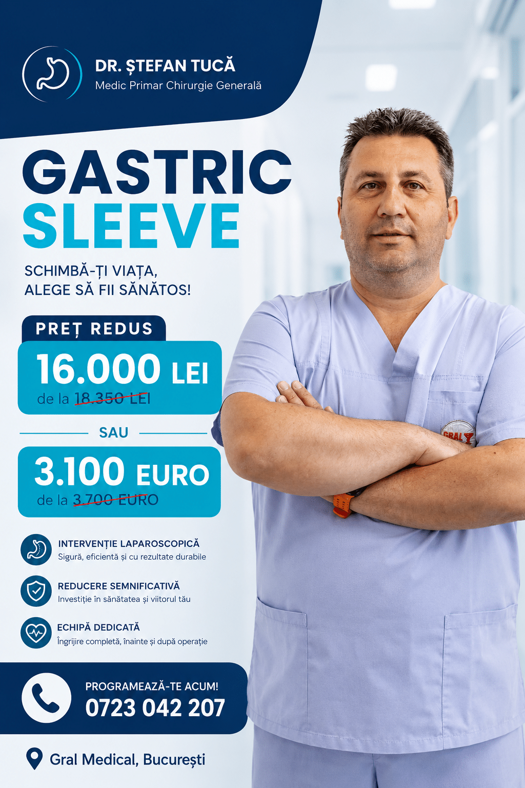 Preț promoțional pentru operația Gastric Sleeve realizată laparoscopic de Dr. Ștefan Tucă în București – 16.000 lei sau 3100 euro