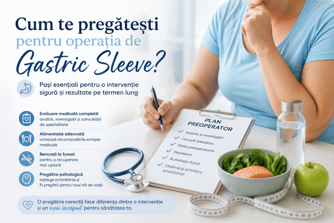 Infographic about preparing for gastric sleeve surgery: left column shows icons and bullet points, right shows a patient writing at a desk with a plan titled 'PLAN PREOPERATOR' and a bowl of salad, bottle, and measuring tape nearby.